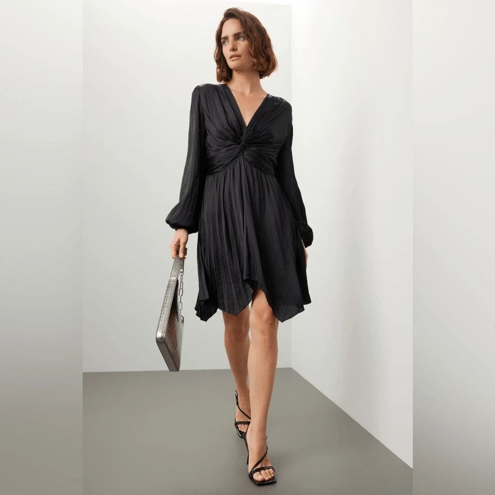 Maje womens Black Rivily Silky V Neck Short Mini Dress size 34 EU (0 XS US) $415